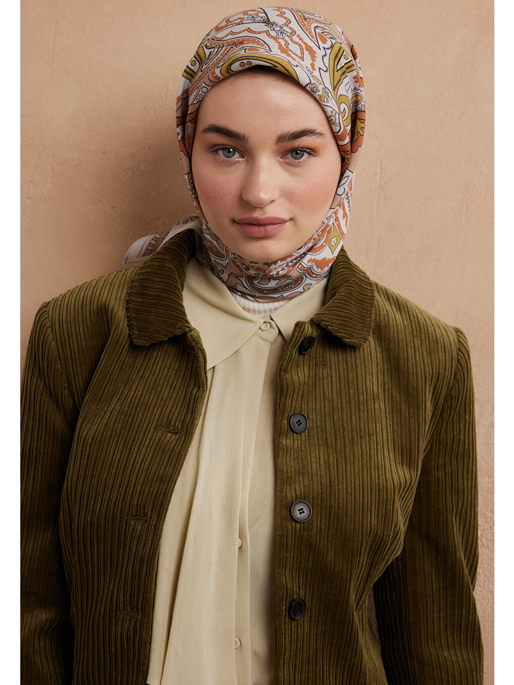 Pembe Lena Desen Pamuk İpek Eşarp Somon-3