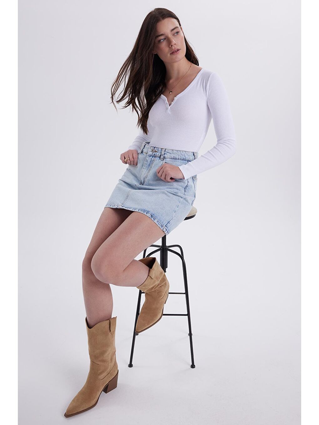 Kadın Slim Fit Dar Kesim Pamuklu V Yaka Beyaz  Bluz-3