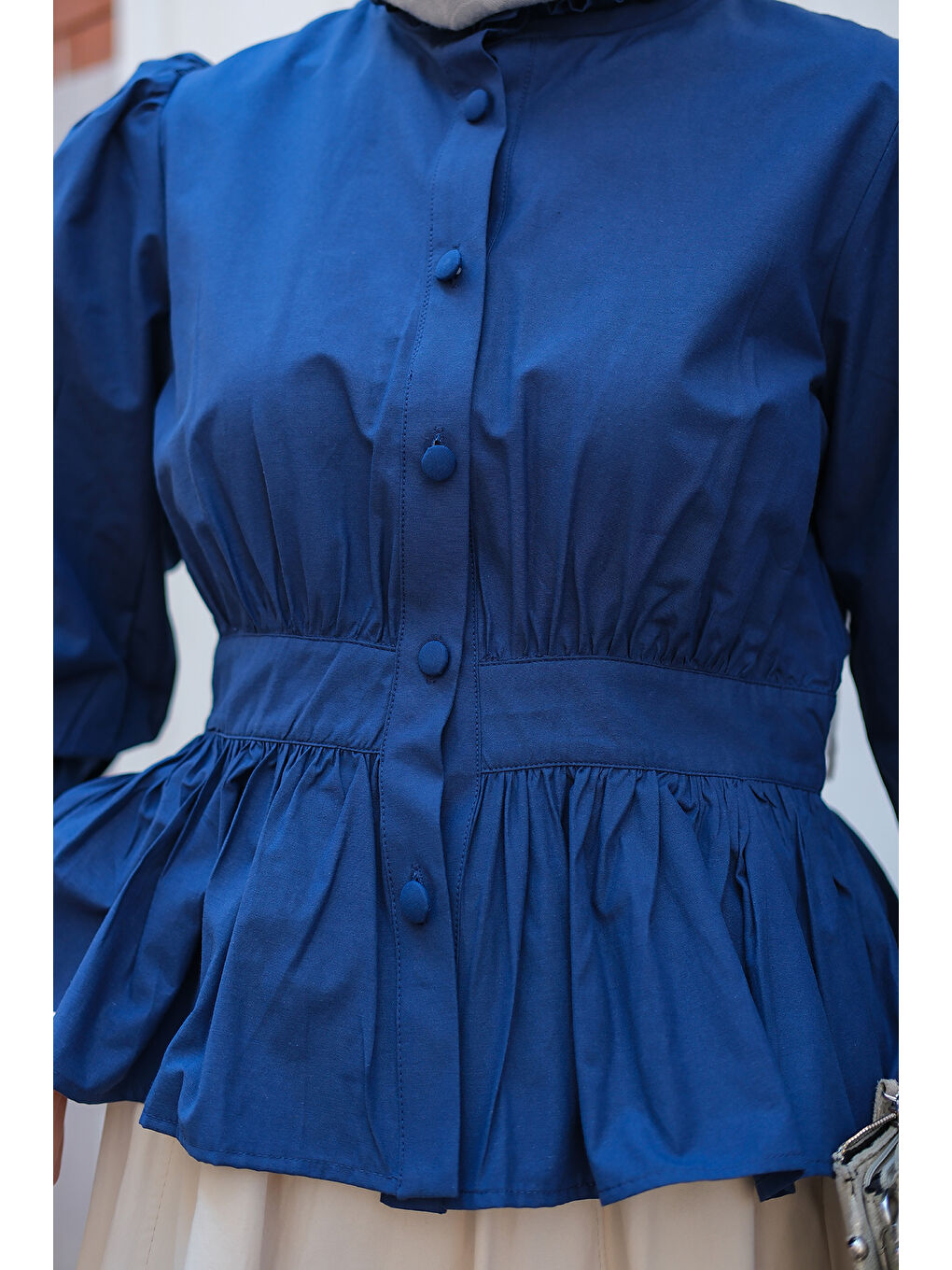 Kadın Beli Büzgü Detaylı Gömlek Lacivert-4