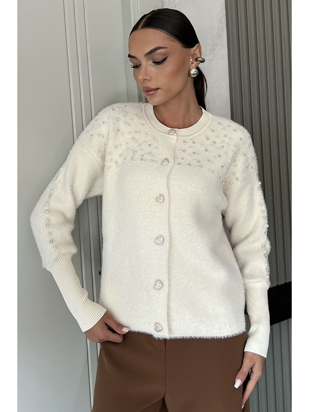 Ekru Omuz Taşlı Şardonlu Triko Ceket(s,m,l,xl Uyumludur)-1