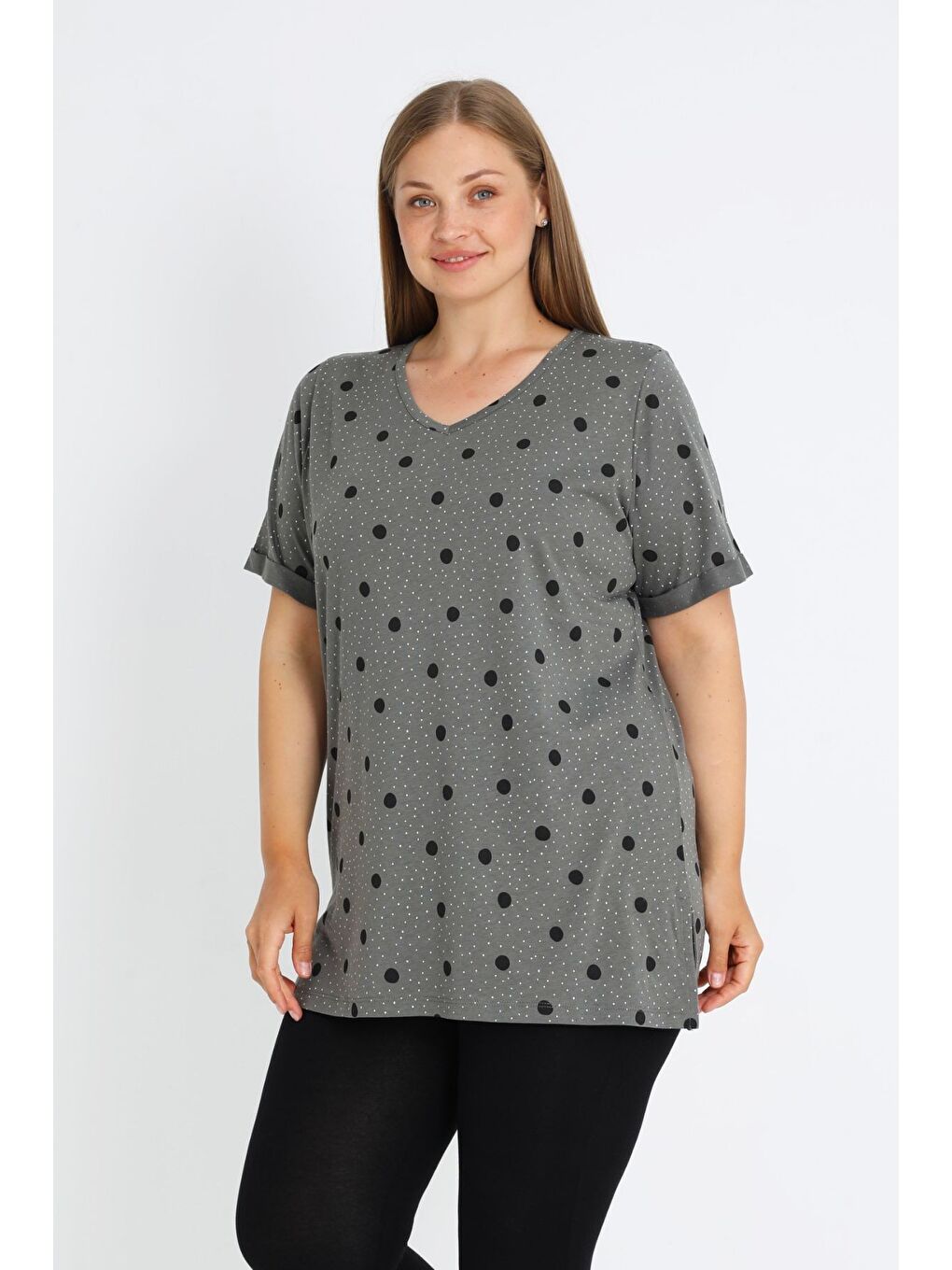 Gri Kadın Puantiyeli Kısa Kollu Pamuklu Bluz-3