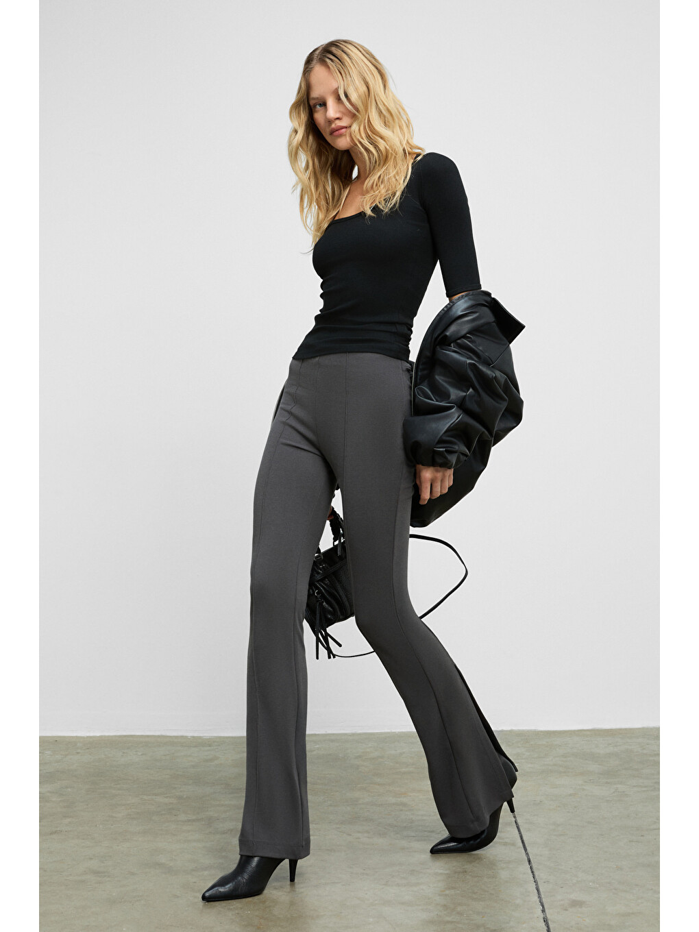Lysavıne Kadın Esnek Kumaşlı Slim Fit Koyu Gri Pantolon-1