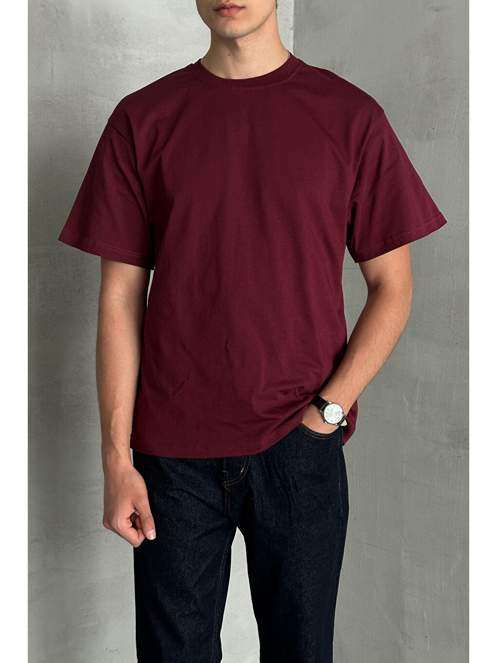 Bordo Erkek %100 Pamuk Oversize Basic T-shirt