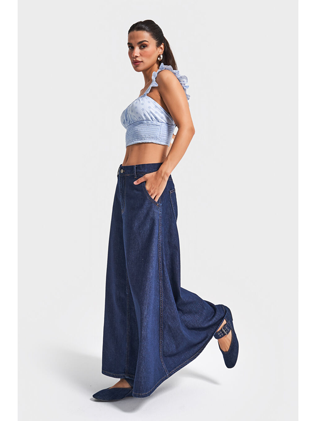 Kadın İndigo Renk 7w5-50 A Tipi Çan Kesim Maxi Boy %100 Pamuk Denim Etek