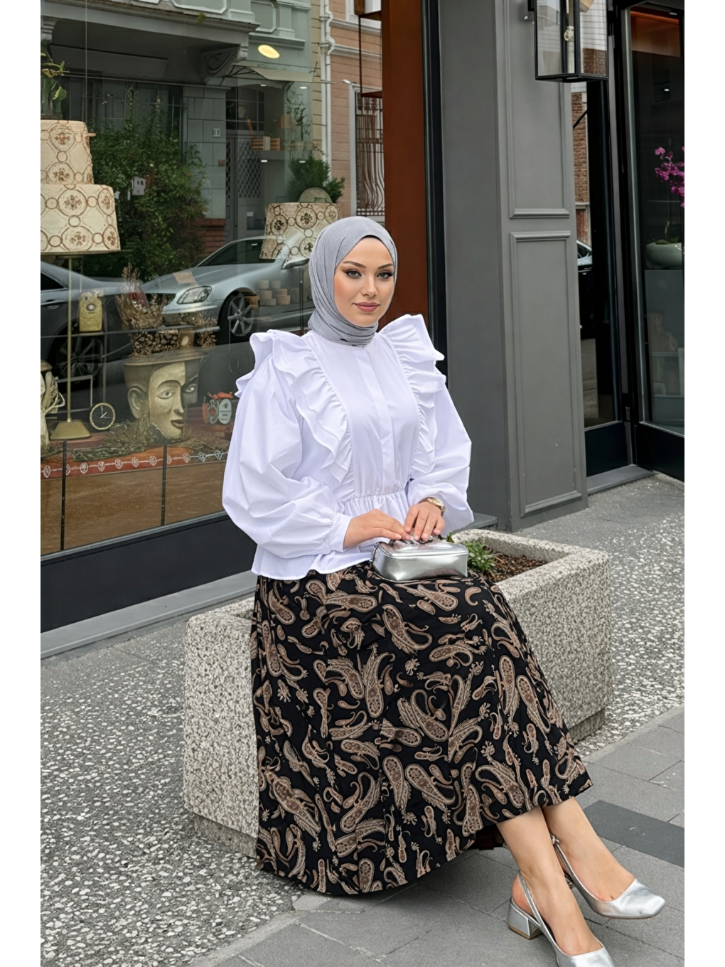 Kadın Desenli Trend Siyah Uzun Tül Tesettür Etek-1