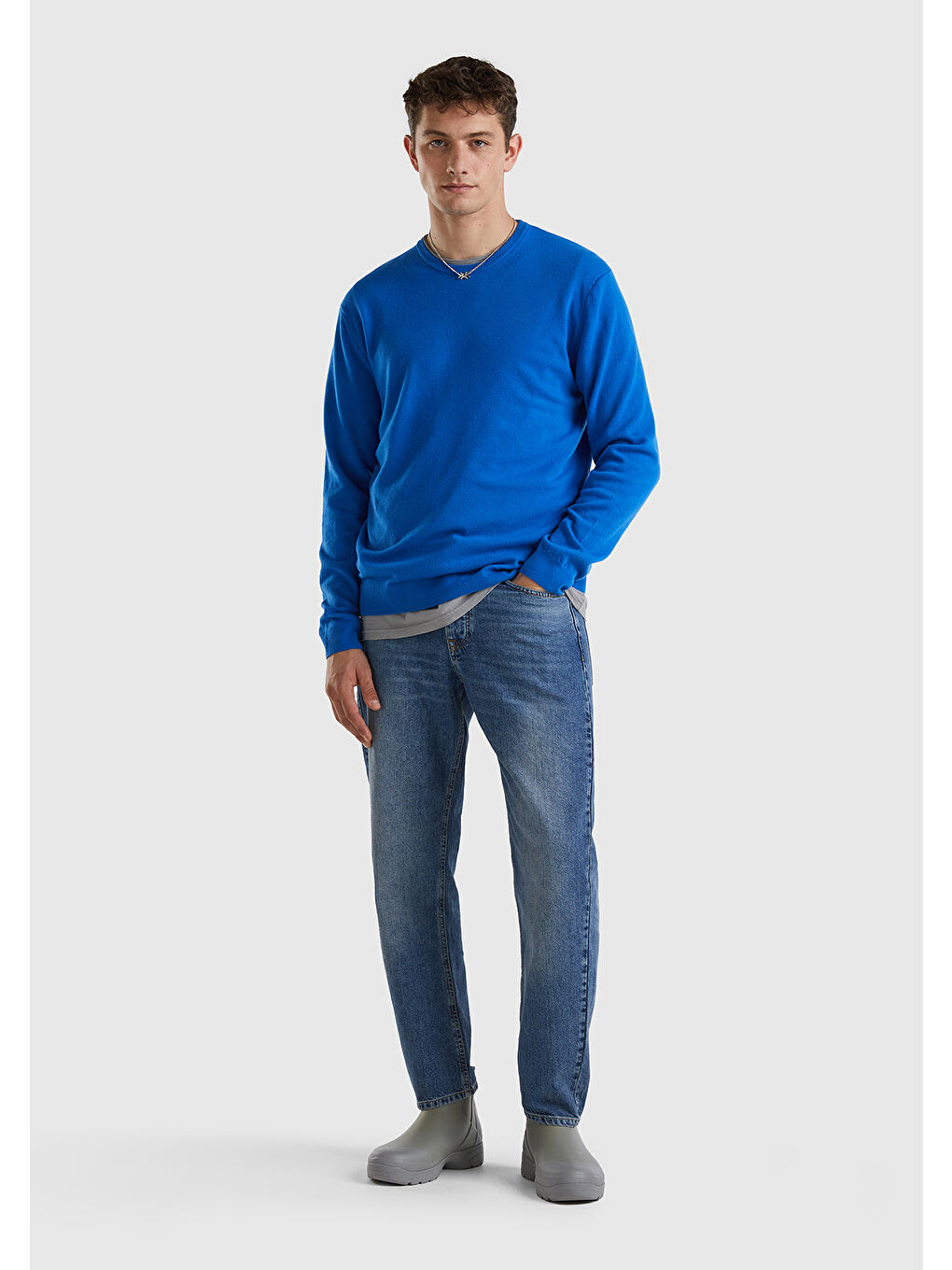 Erkek Mavi Bisiklet Yaka Merino Kazak-4