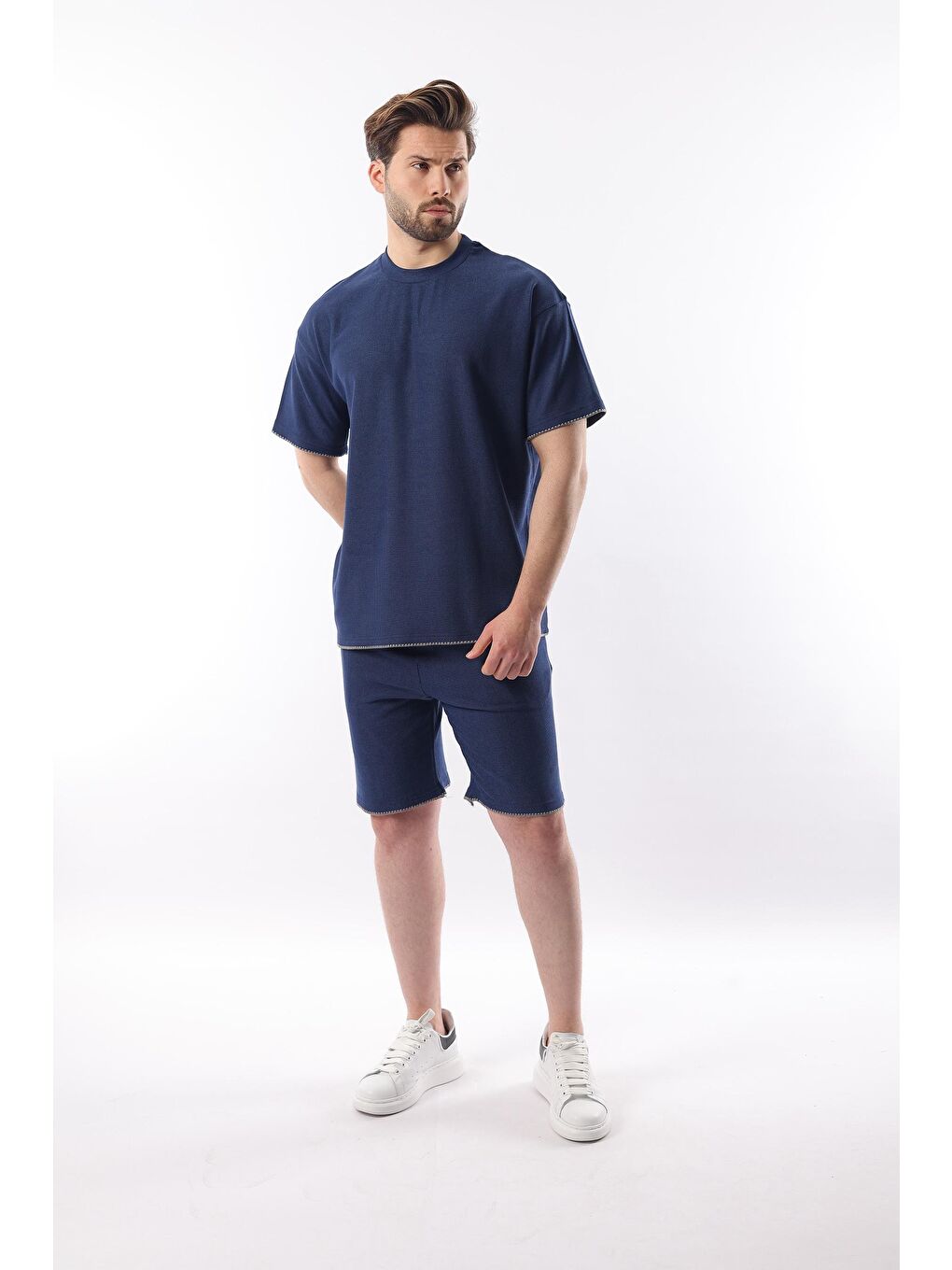 Lacivert Nakış Detaylı Erkek Şort Tişört Takım E7305