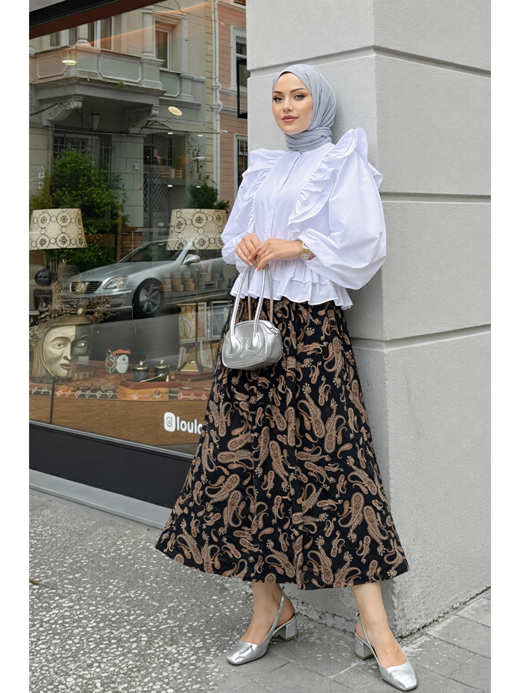 Kadın Desenli Trend Siyah Uzun Tül Tesettür Etek-2