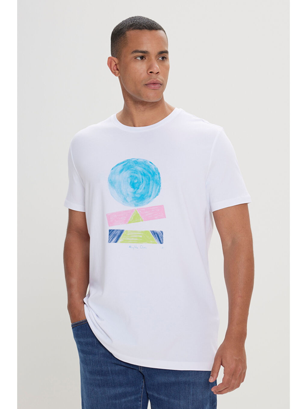 Erkek Beyaz Slim Fit Dar Kesim Pamuklu Baskılı Bisiklet Yaka Tişört