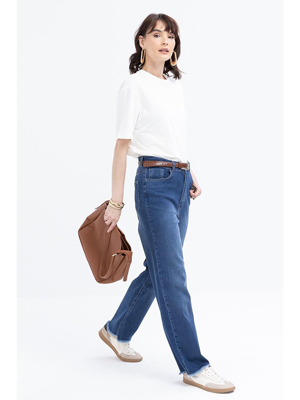 Koyu Mavi-Likralı Geniş Paça Denim Pantolon