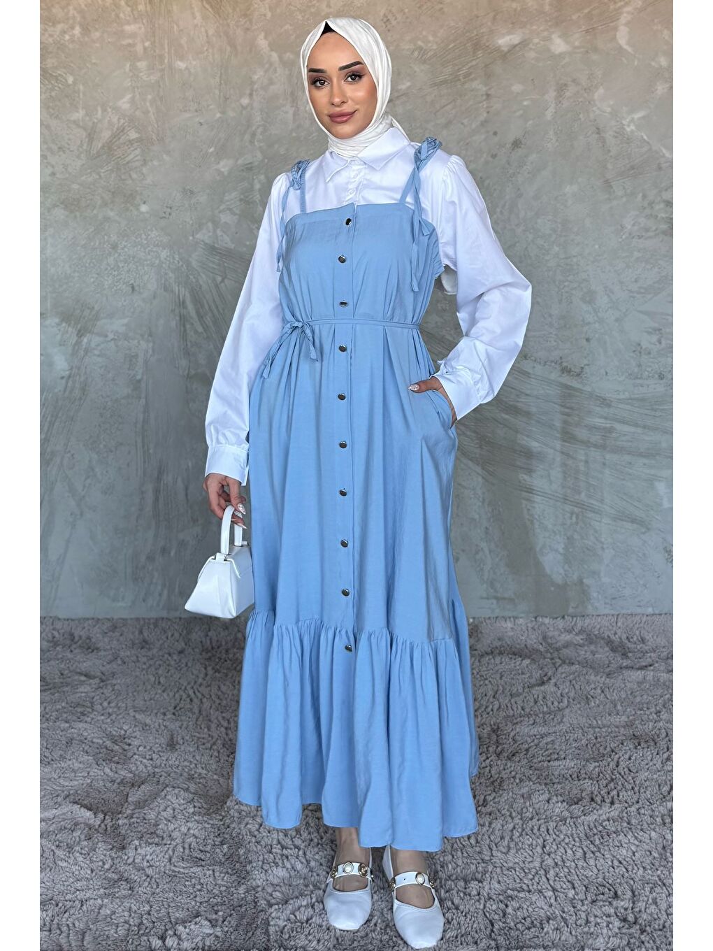 Mavi Gömlek Garnili Bağcık Detaylı Tesettür Elbise-3