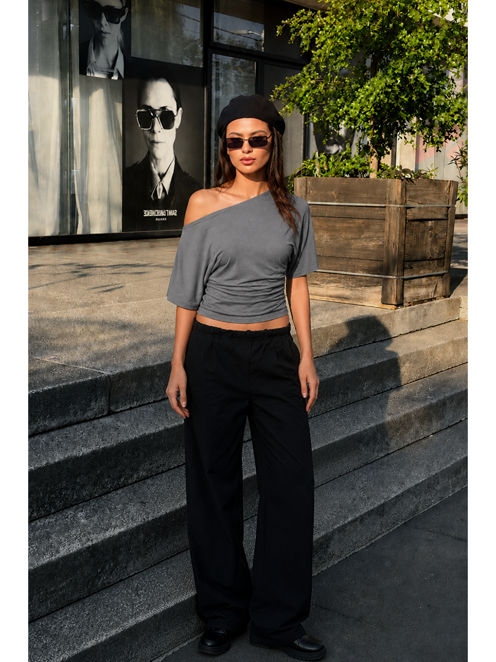 Gri Kadın Günlük Casual Dar Füme Crop Bluz-1