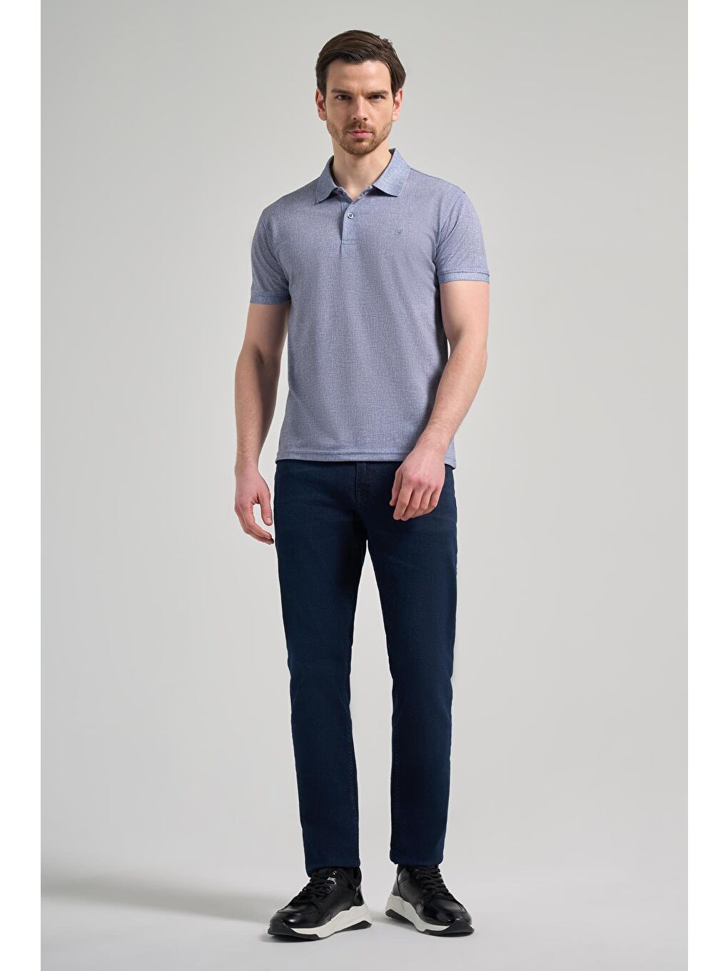 Koyu Lacivert Kısa Kol Baskılı Pike Polo Yaka Cepsiz Esnek Casual Slim Fit Tişört 1011250151-1