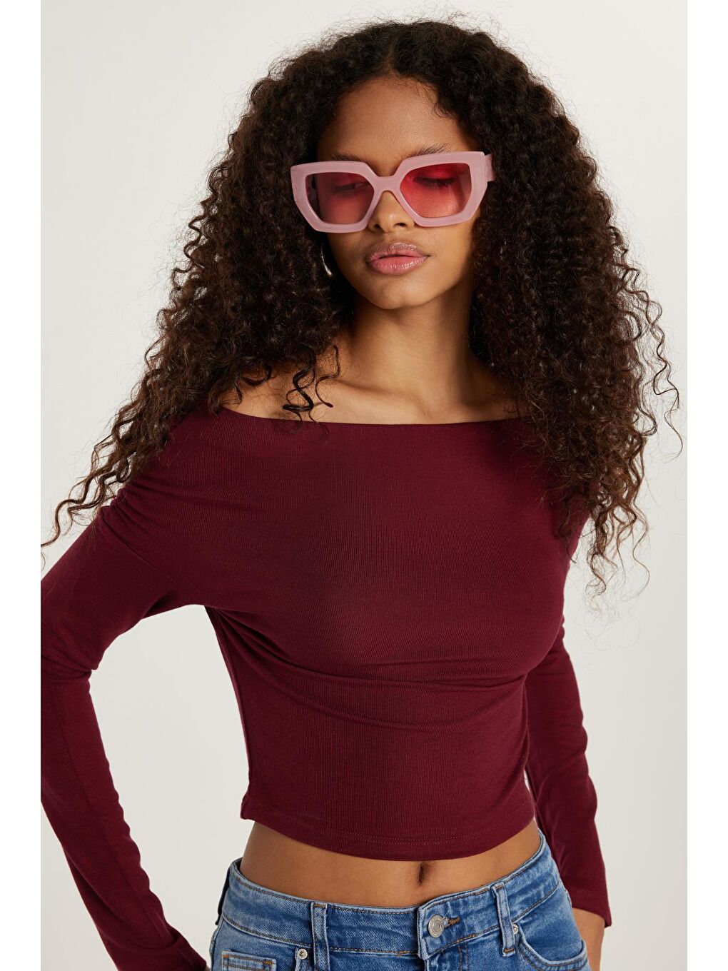 Kadın Slim Fit Dar Kesim Kayık Yaka Viskon Bordo Bluz-1