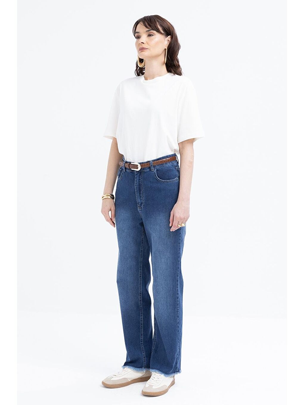 Koyu Mavi-Likralı Geniş Paça Denim Pantolon-1