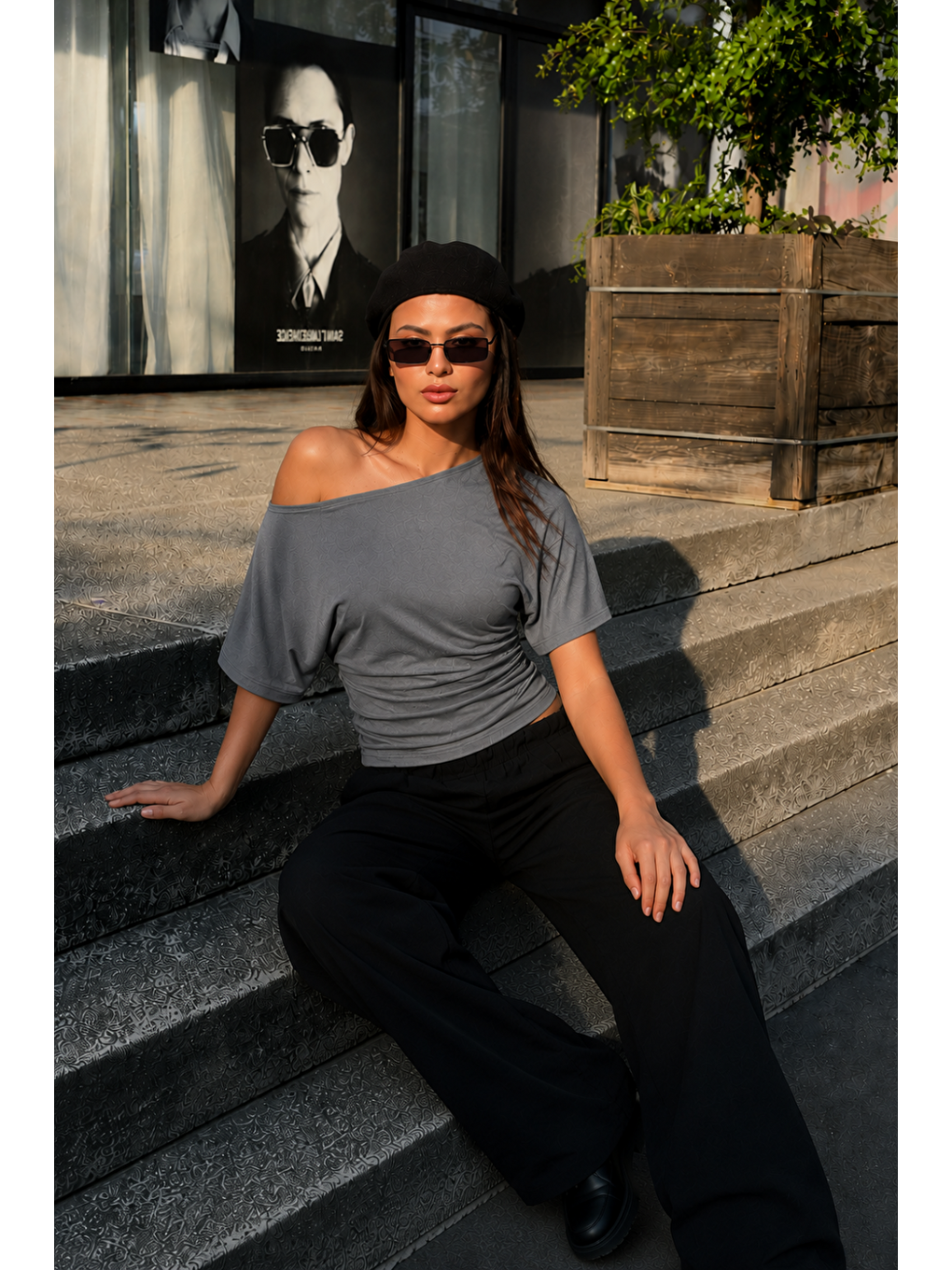 Gri Kadın Günlük Casual Dar Füme Crop Bluz-2
