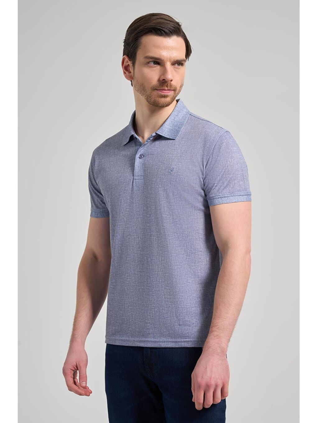Koyu Lacivert Kısa Kol Baskılı Pike Polo Yaka Cepsiz Esnek Casual Slim Fit Tişört 1011250151-2
