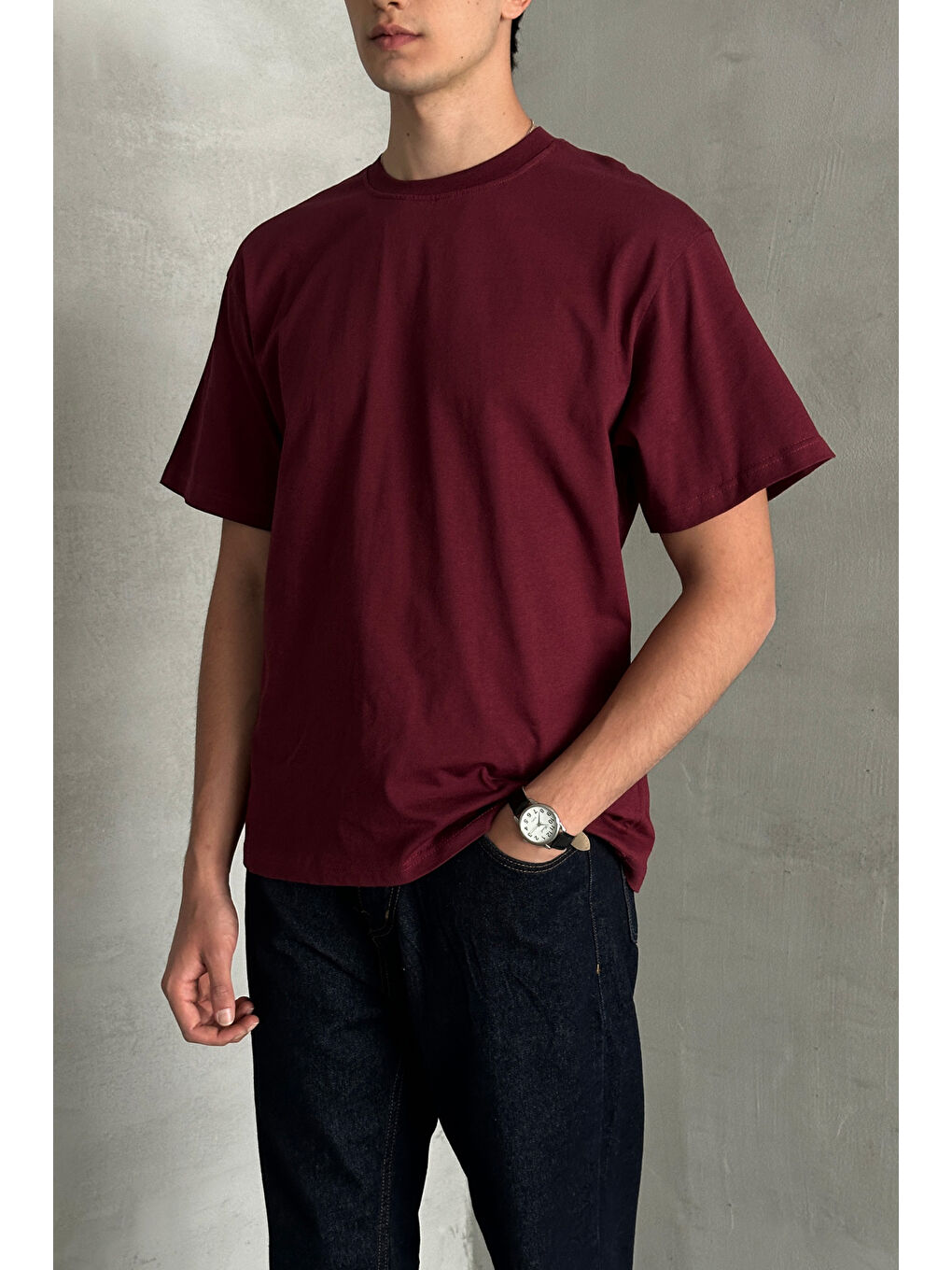 Bordo Erkek %100 Pamuk Oversize Basic T-shirt-1