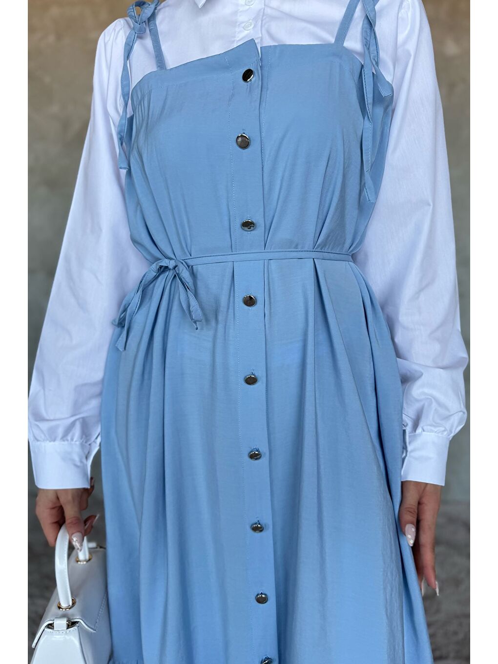 Mavi Gömlek Garnili Bağcık Detaylı Tesettür Elbise-4