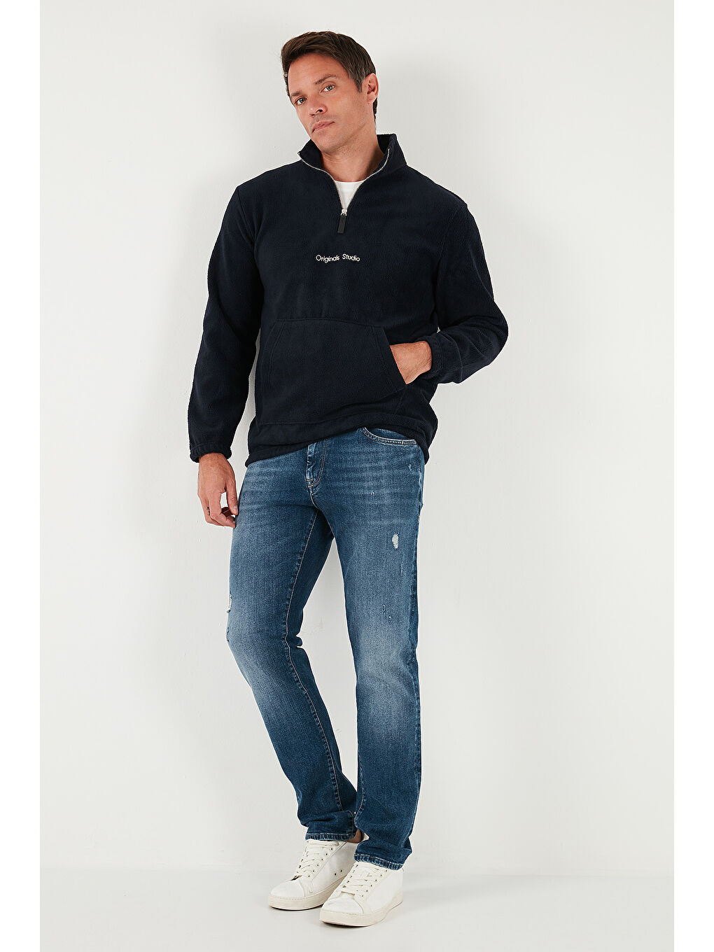 Lacivert Regular Fit Yarım Fermuarlı Dik Yaka Yumuşak Dokulu Sweat 59060661-1