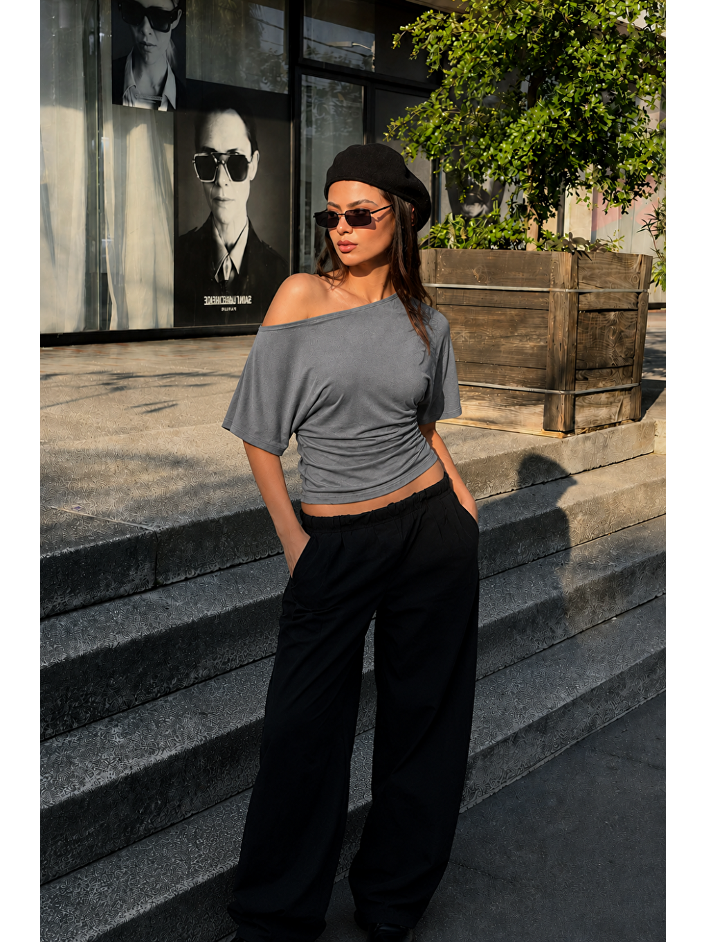 Gri Kadın Günlük Casual Dar Füme Crop Bluz-3