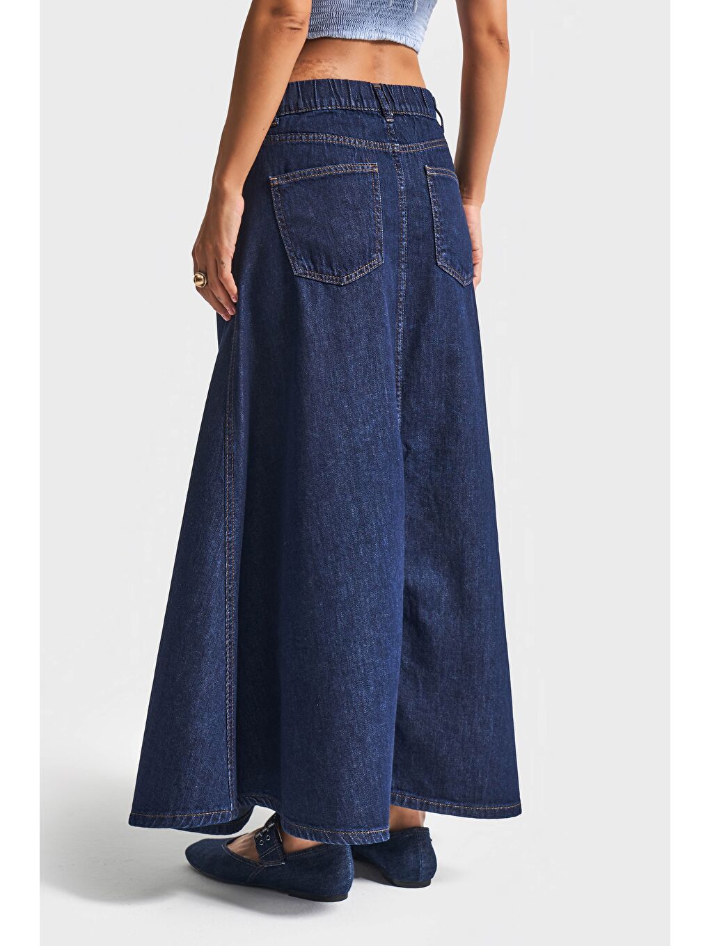 Kadın İndigo Renk 7w5-50 A Tipi Çan Kesim Maxi Boy %100 Pamuk Denim Etek-1