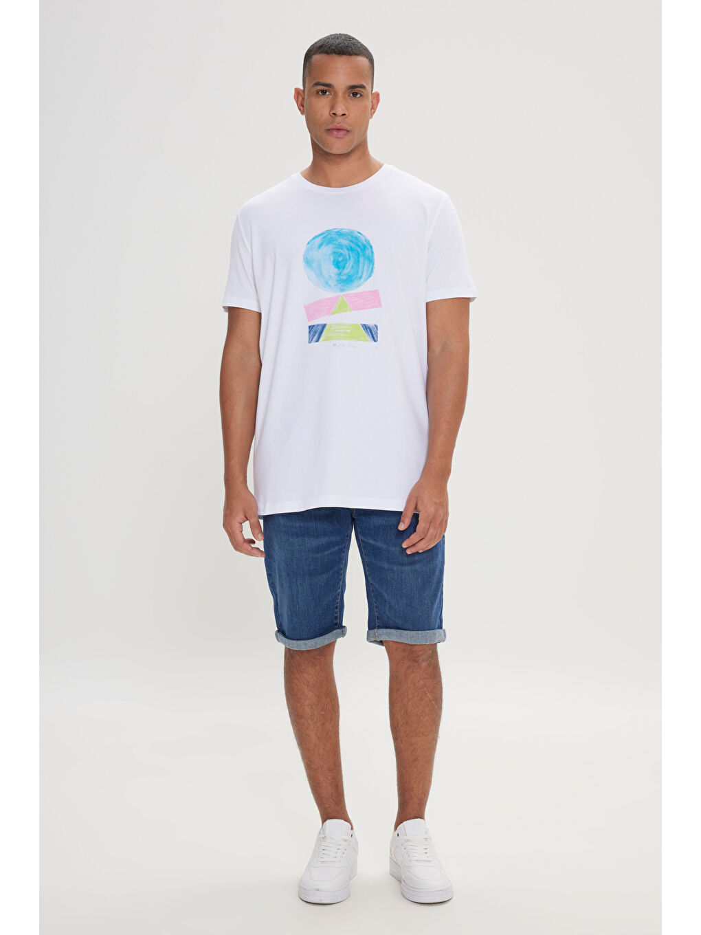 Erkek Beyaz Slim Fit Dar Kesim Pamuklu Baskılı Bisiklet Yaka Tişört-1