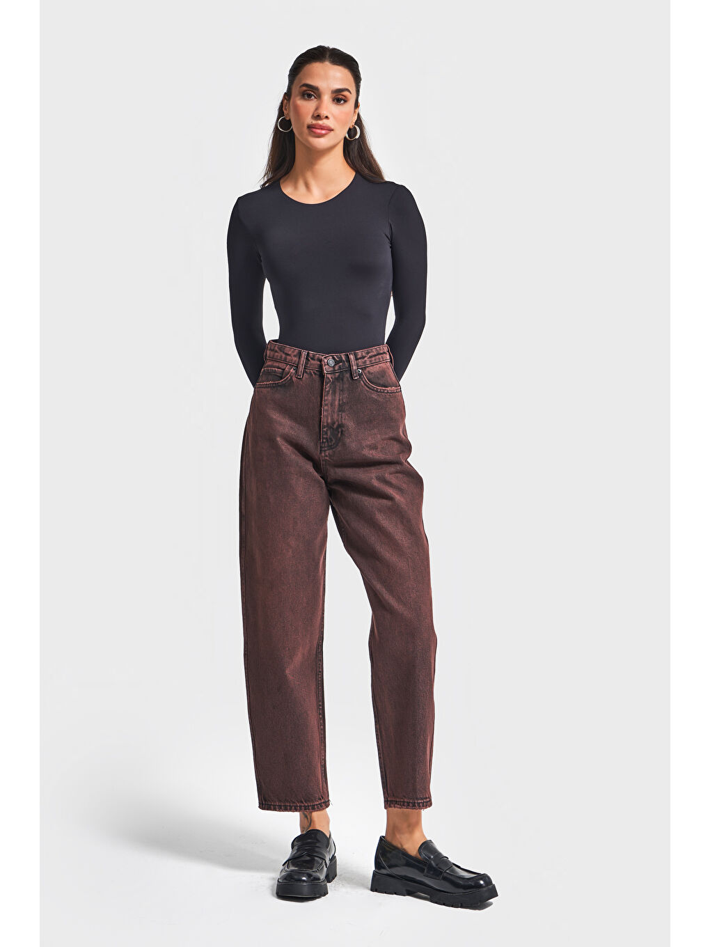 Kadın Taşlanmış Bordo Renk 20w5-152 Relax Fit %100 Pamuk Özel Yıkama Denim Jean-1