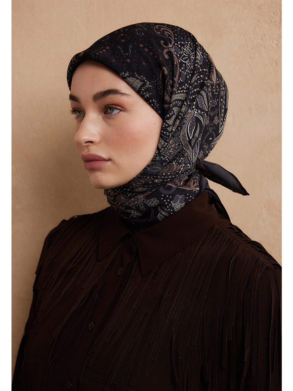 Eliza Desen Pamuk İpek Eşarp Siyah-2