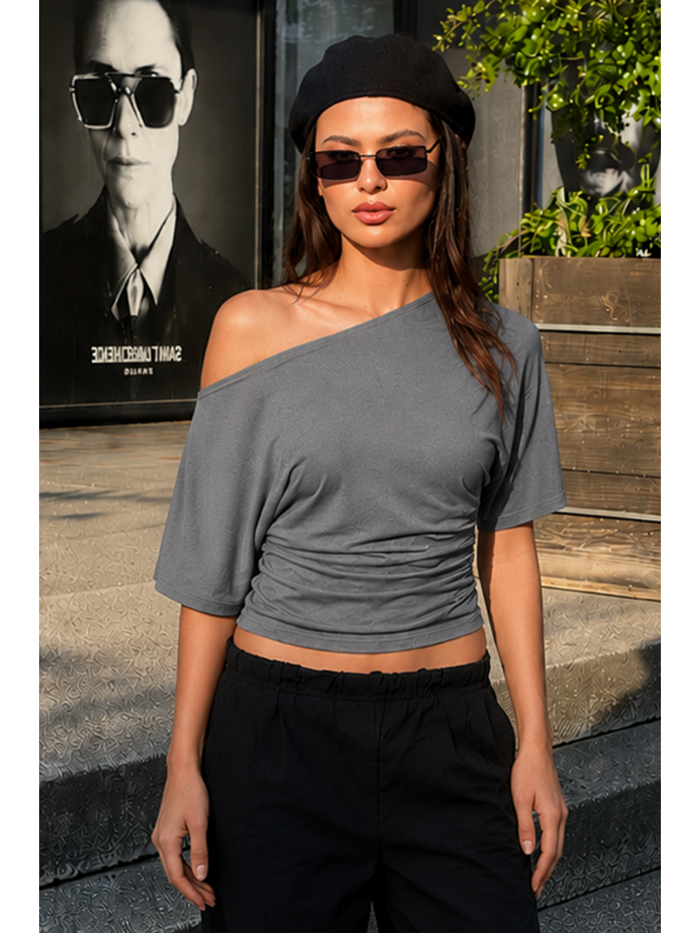 Gri Kadın Günlük Casual Dar Füme Crop Bluz-4