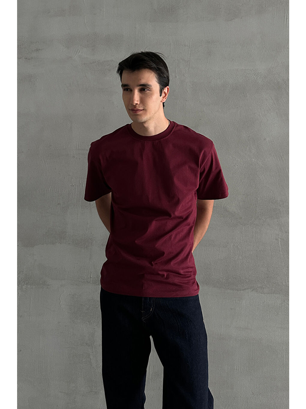 Bordo Erkek %100 Pamuk Oversize Basic T-shirt-2