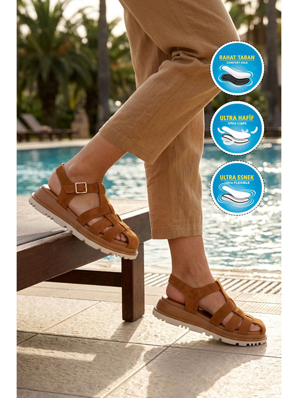 Kahverengi Taba Süet Hakiki Deri Kadın Sandalet Z796 Z-2