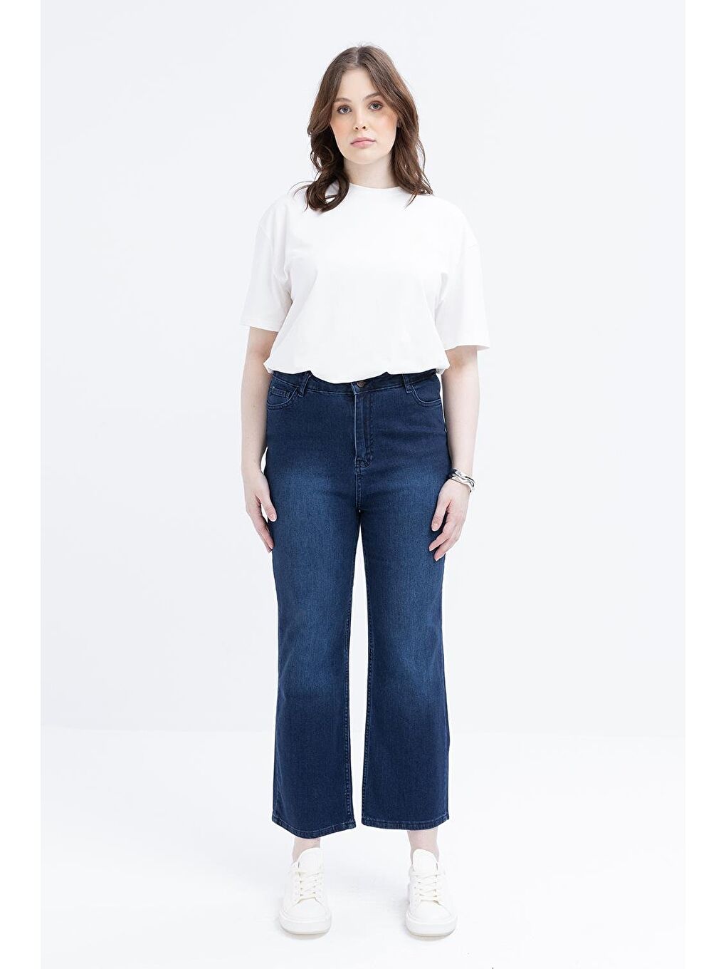 Koyu Mavi-Büyük Beden Elastanlı Boru Paça Denim Pantolon-1