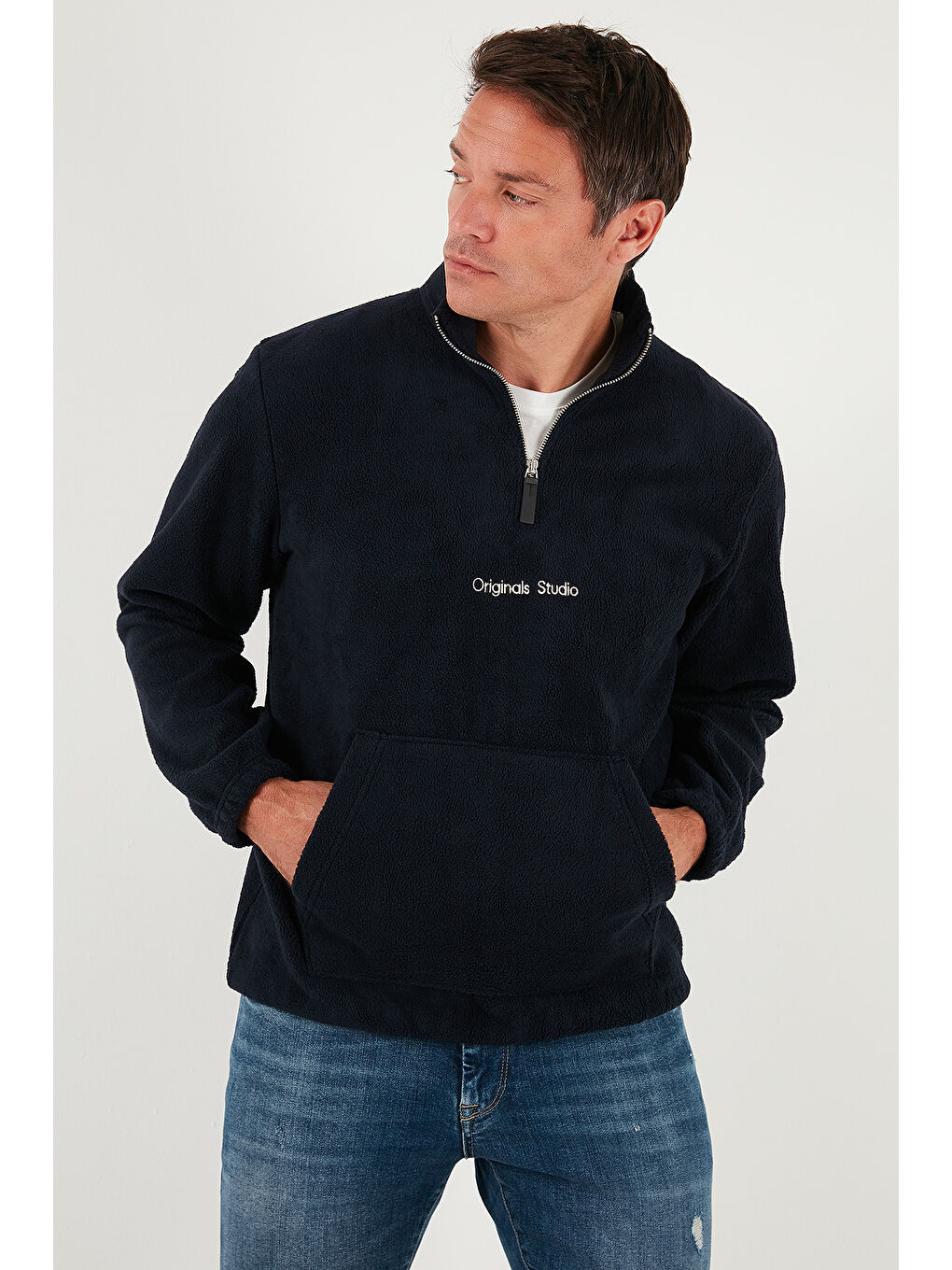 Lacivert Regular Fit Yarım Fermuarlı Dik Yaka Yumuşak Dokulu Sweat 59060661-2