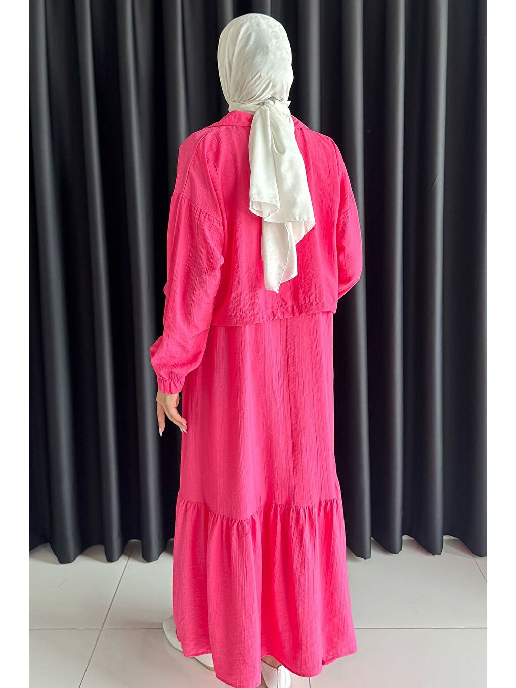 Fuşya Etek Ucu Fırfırlı Bel Lastikli Hırka Kombinli Tesettür Elbise-6