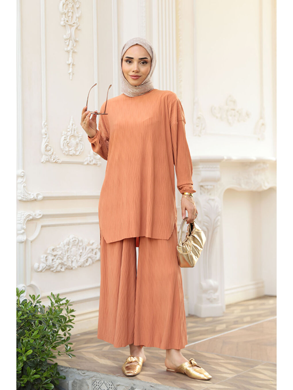 Kadın Kabarık Kumaş Takım Turuncu-1