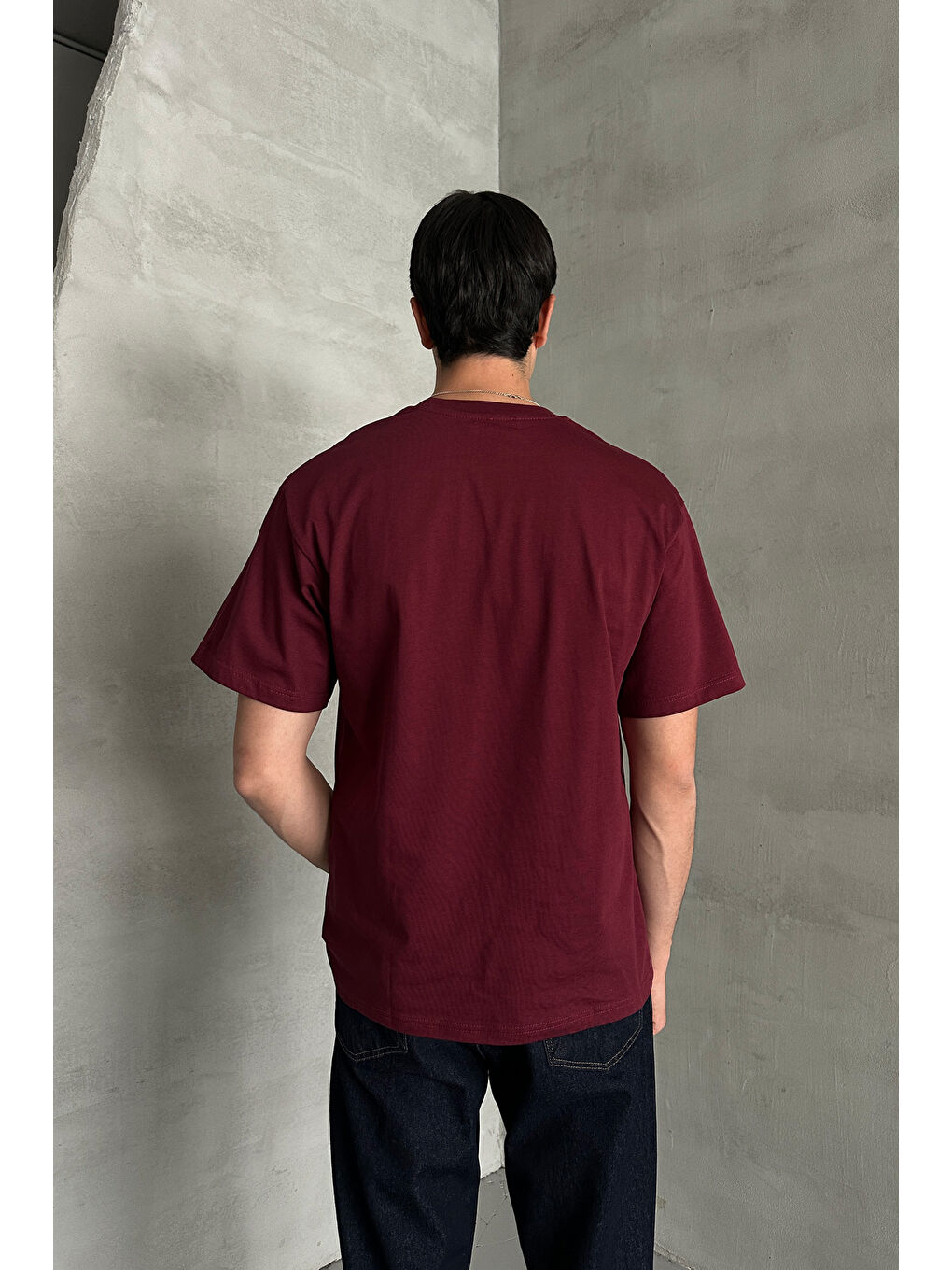 Bordo Erkek %100 Pamuk Oversize Basic T-shirt-3