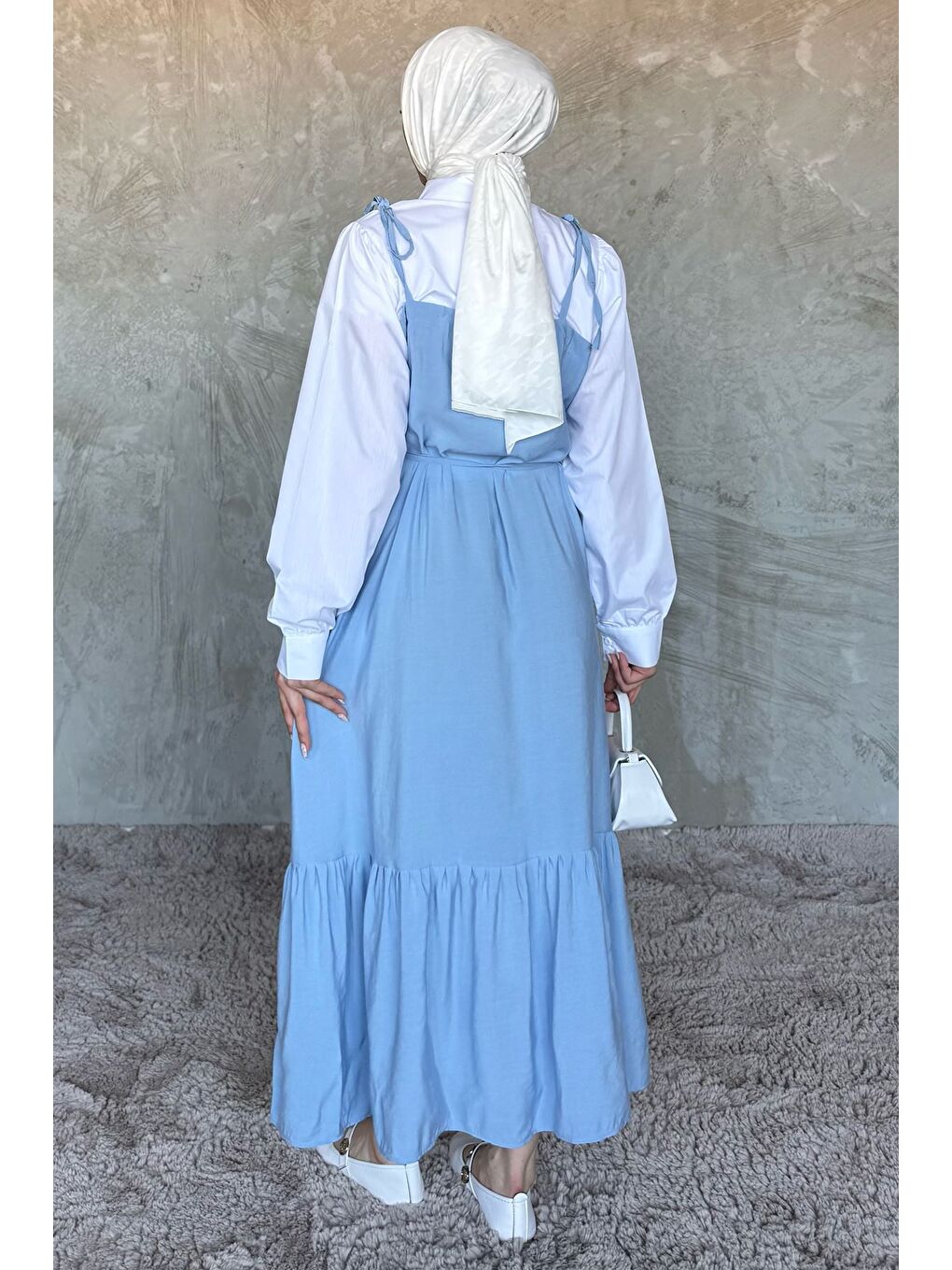 Mavi Gömlek Garnili Bağcık Detaylı Tesettür Elbise-6