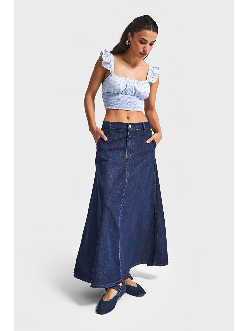 Kadın İndigo Renk 7w5-50 A Tipi Çan Kesim Maxi Boy %100 Pamuk Denim Etek-2