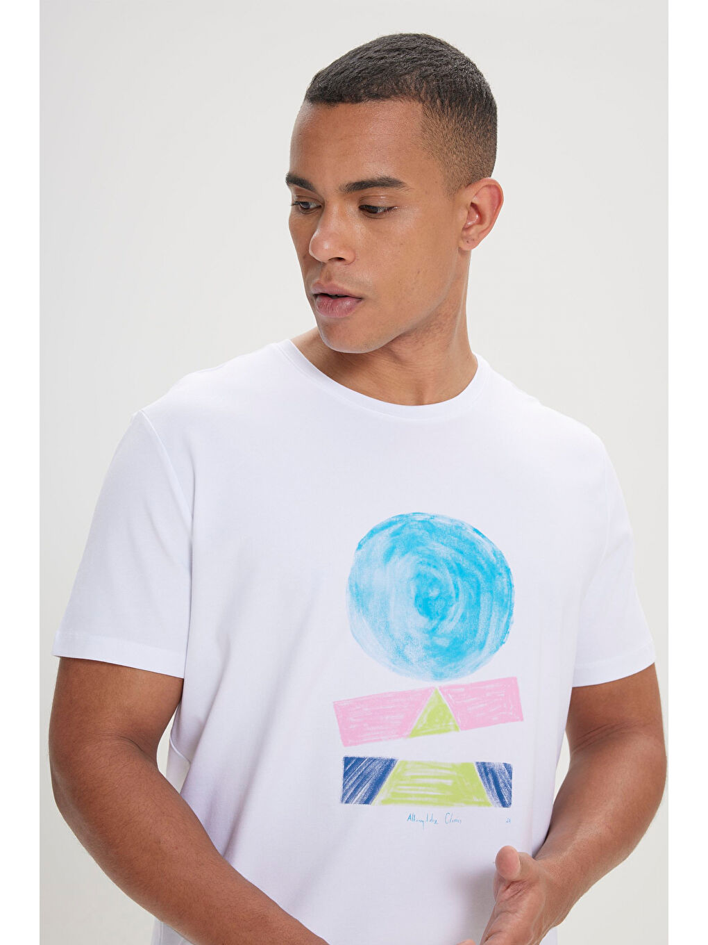 Erkek Beyaz Slim Fit Dar Kesim Pamuklu Baskılı Bisiklet Yaka Tişört-3