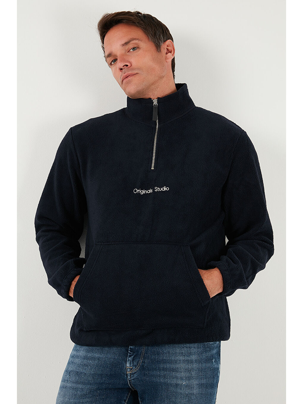 Lacivert Regular Fit Yarım Fermuarlı Dik Yaka Yumuşak Dokulu Sweat 59060661-3