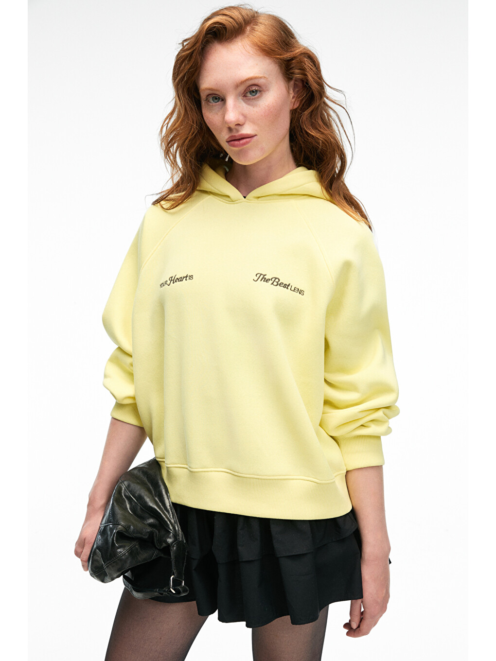 Orınque Kadın Kapüşonlu Baskı Ve Nakış Detaylı Oversize Sarı Sweatshirt-5