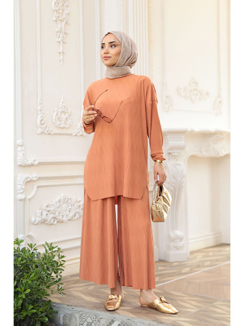 Kadın Kabarık Kumaş Takım Turuncu-2