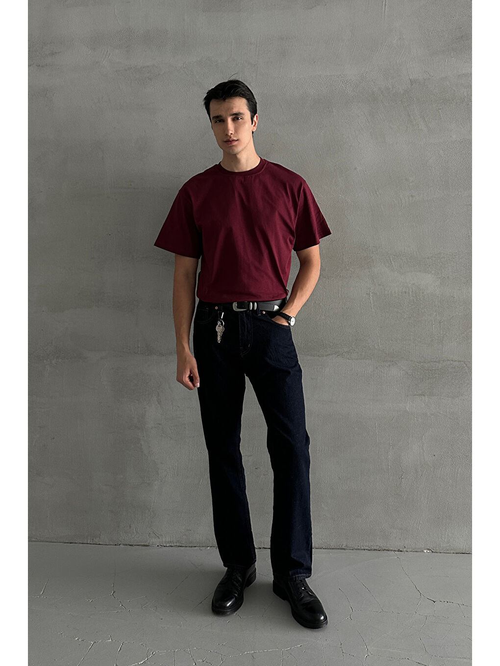 Bordo Erkek %100 Pamuk Oversize Basic T-shirt-4