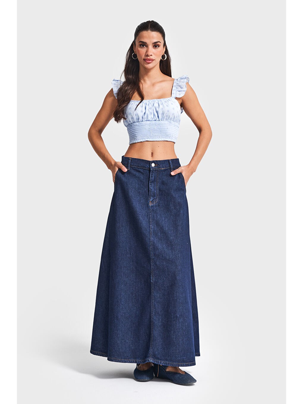 Kadın İndigo Renk 7w5-50 A Tipi Çan Kesim Maxi Boy %100 Pamuk Denim Etek-3