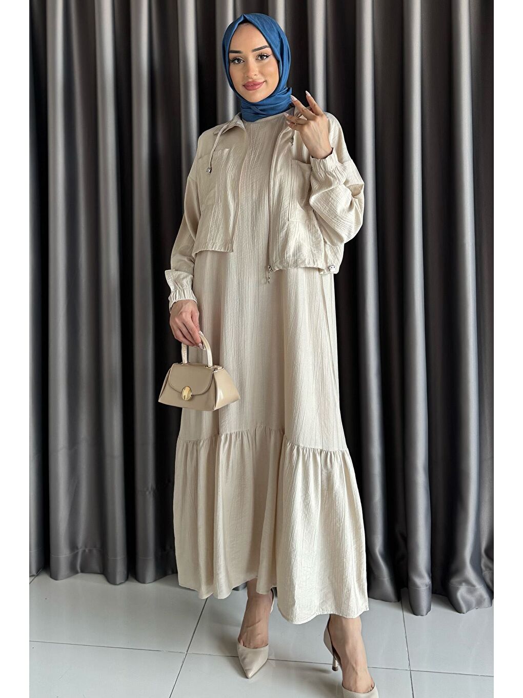Bej Etek Ucu Fırfırlı Bel Lastikli Hırka Kombinli Tesettür Elbise-2