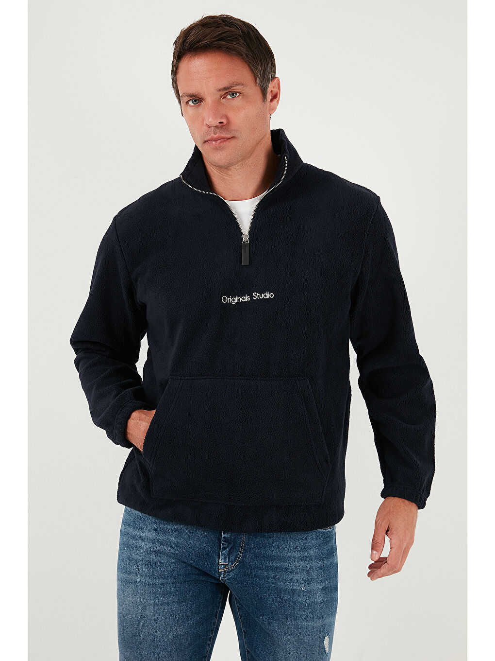 Lacivert Regular Fit Yarım Fermuarlı Dik Yaka Yumuşak Dokulu Sweat 59060661-4