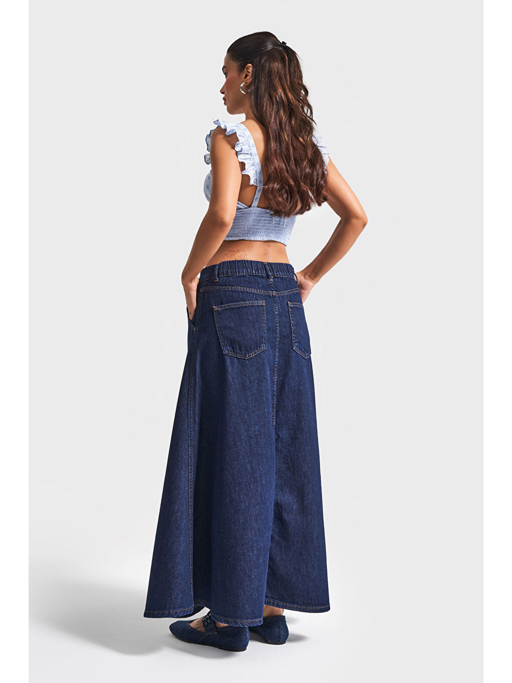Kadın İndigo Renk 7w5-50 A Tipi Çan Kesim Maxi Boy %100 Pamuk Denim Etek-4