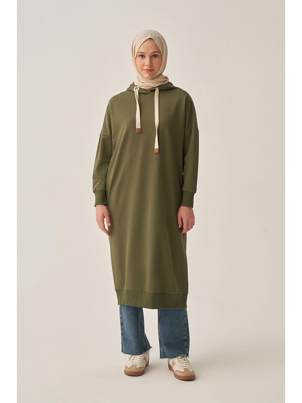 Yeşil-Kuşgözlü Kapüşonlu Cepli Sweat Tunik