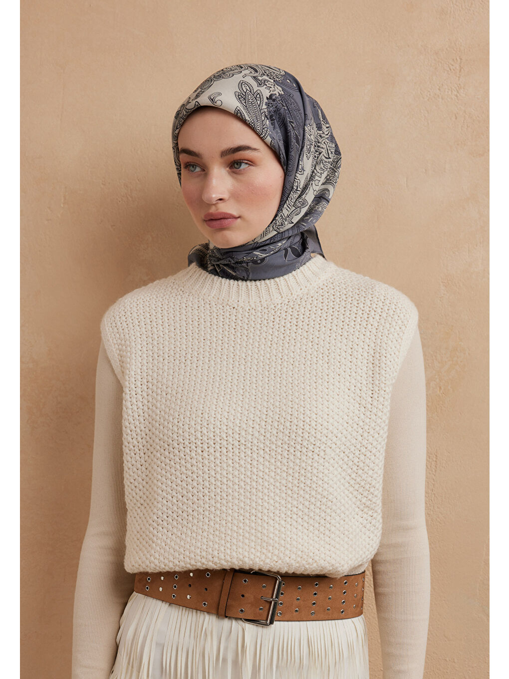 Darıa Desen Pamuk İpek Eşarp Tozlu Mavi